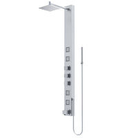Thermostatic shower panel with scald guard and hot/cold indicators, stainless steel finish