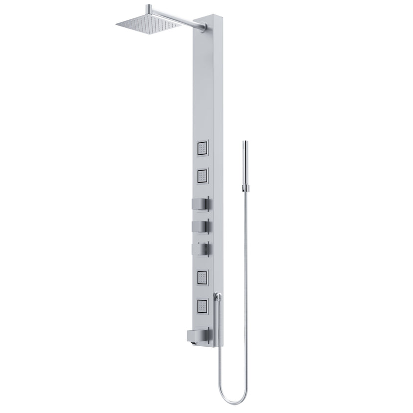 Thermostatic shower panel with scald guard and hot/cold indicators, stainless steel finish