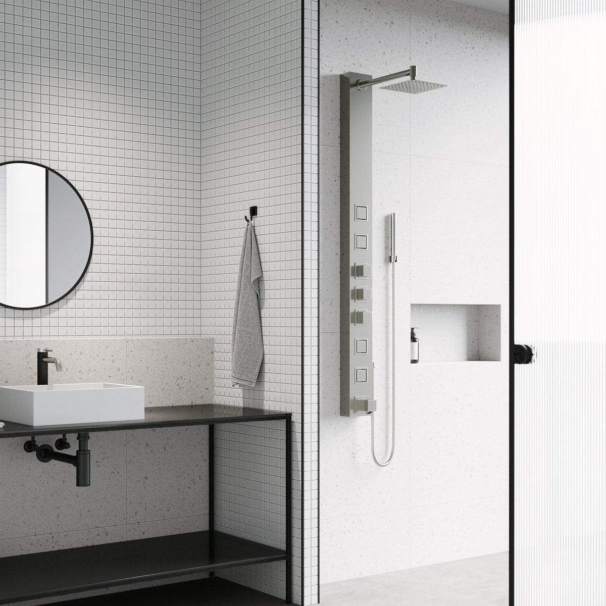Aluminum shower panel with square stainless steel showerhead and knob handles