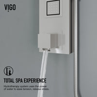 Stainless steel showerhead on stainless steel shower panel with top handle diverter