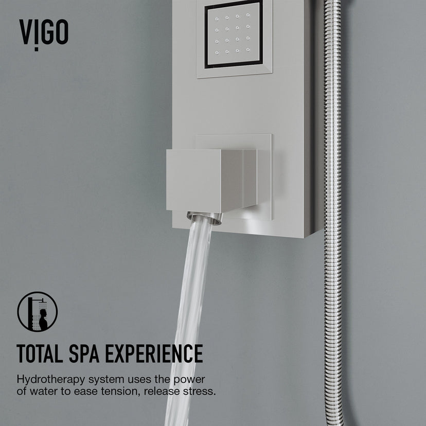 Stainless steel showerhead on stainless steel shower panel with top handle diverter