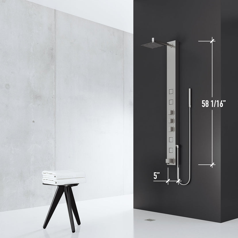 Shower panel with included supply lines, vacuum breaker, and pressure balance protection
