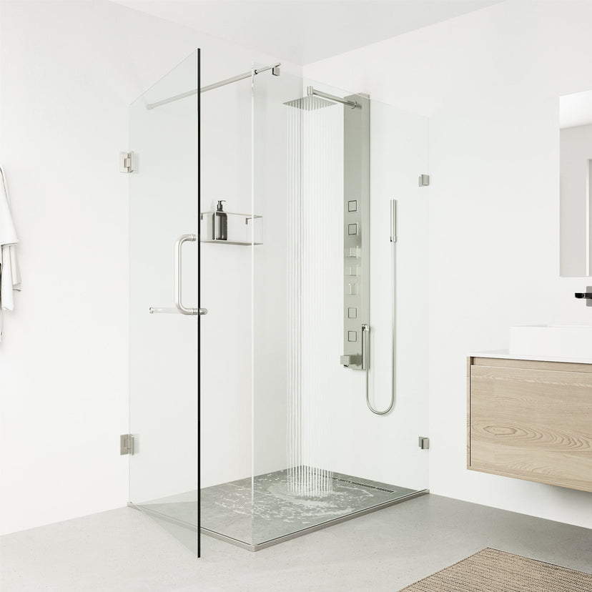 Modern contemporary shower system with low flow design and 58-inch assembled height