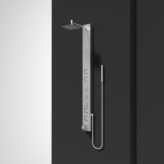 Complete shower panel kit with all mounting materials and thermostatic control
