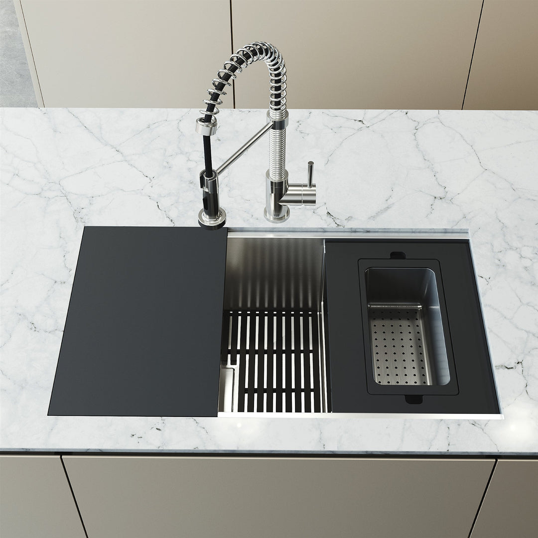 Stainless steel undermount kitchen sink set with rectangular basin and modern style