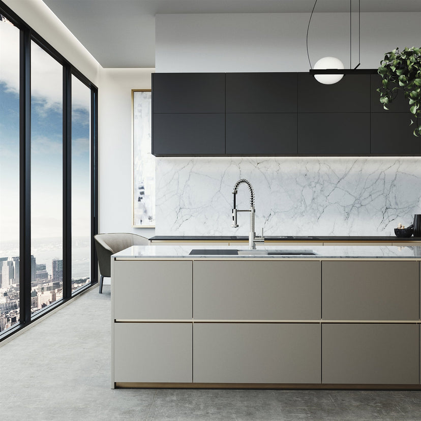 Modern rectangular undermount sink with included cutting board and colander accessories