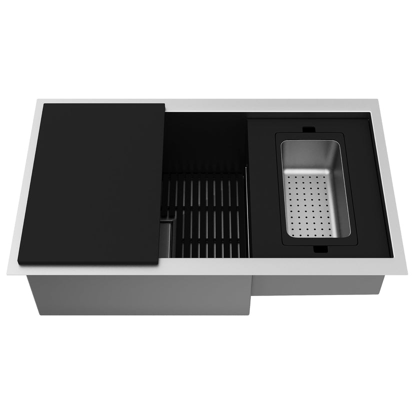 Undermount kitchen sink set featuring stainless steel finish and black fiber wood cutting board