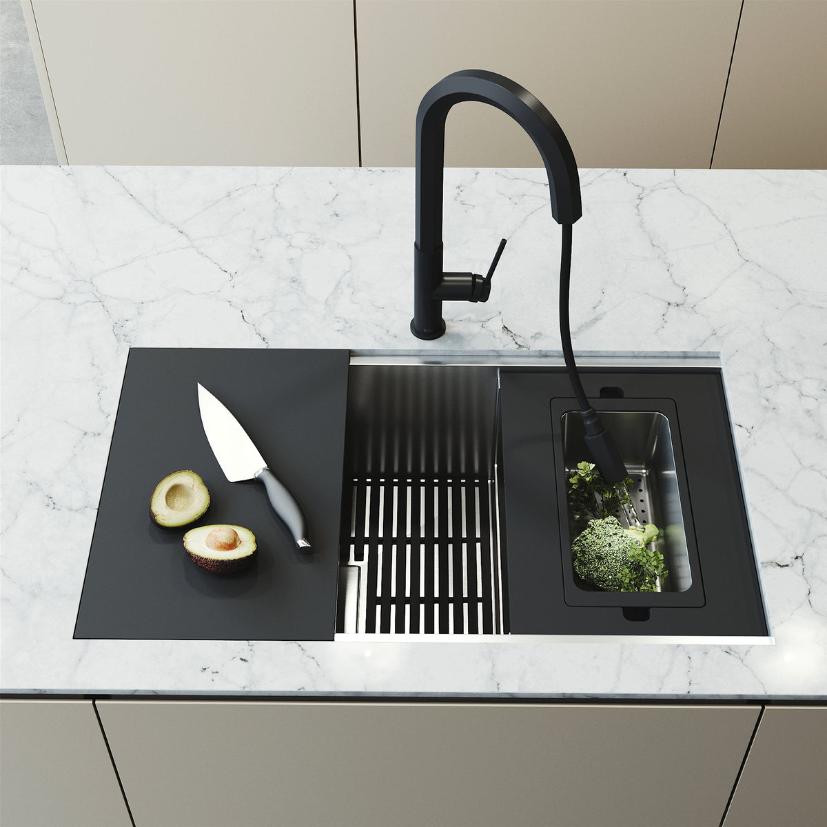 Contemporary stainless steel sink with colander holder and silicone bottom grid