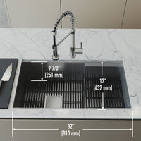 Rectangular undermount sink with strainer, drain cover, and included kitchen accessories