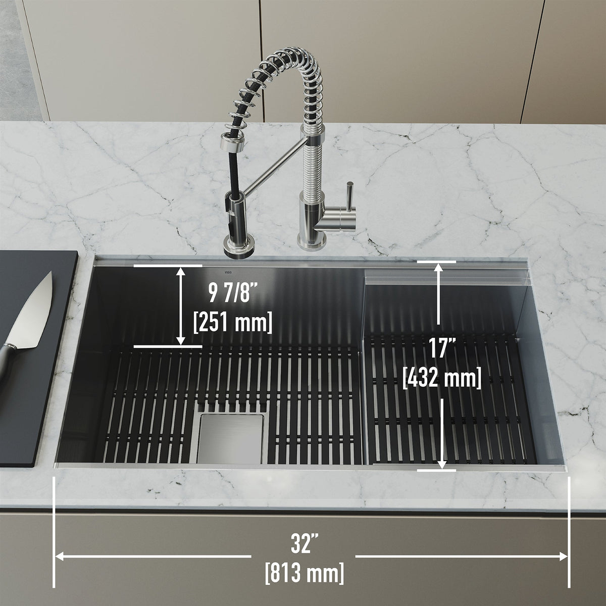 Rectangular undermount sink with strainer, drain cover, and included kitchen accessories