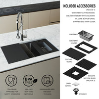 Stainless steel kitchen sink set with black cutting board and colander for modern kitchens
