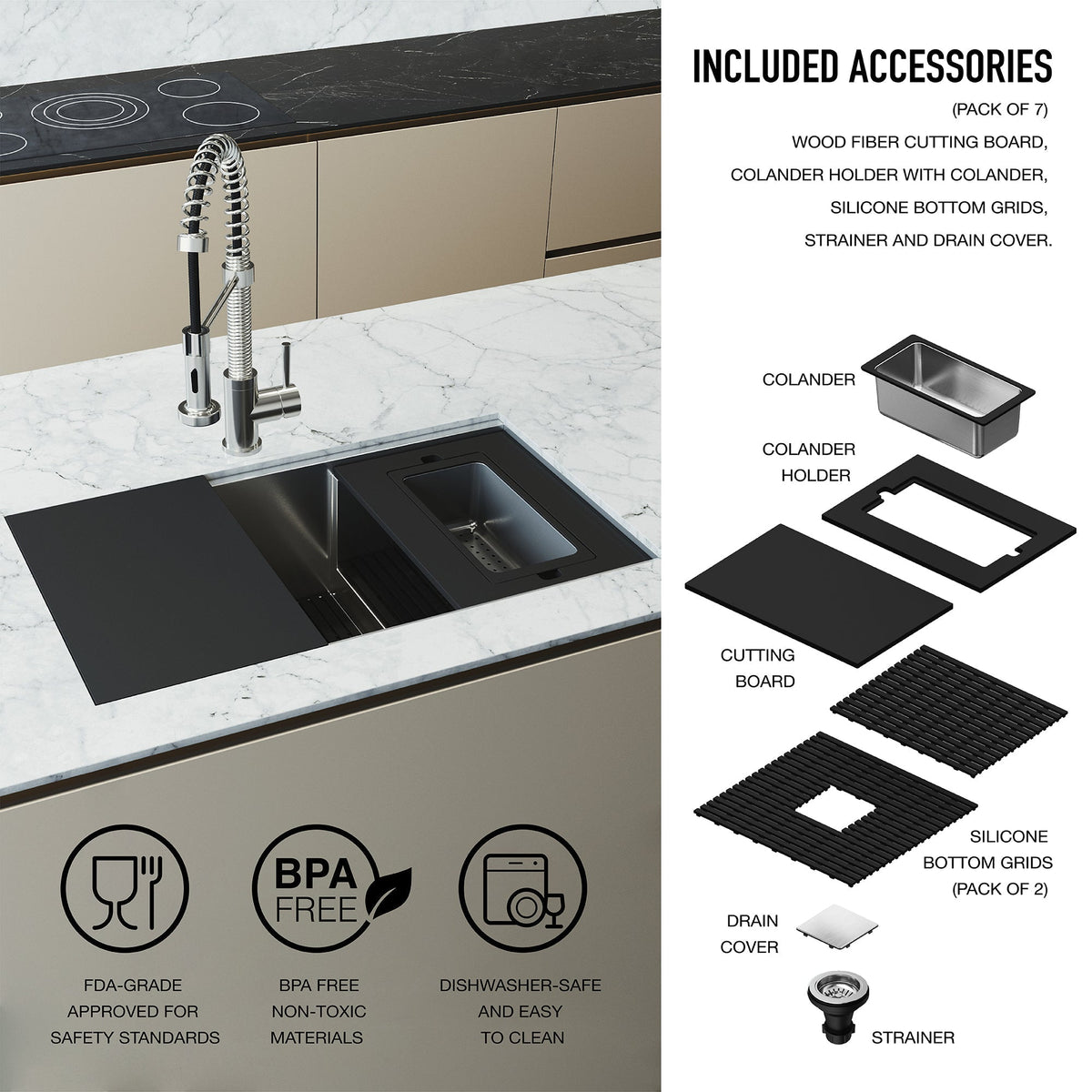 Stainless steel kitchen sink set with black cutting board and colander for modern kitchens