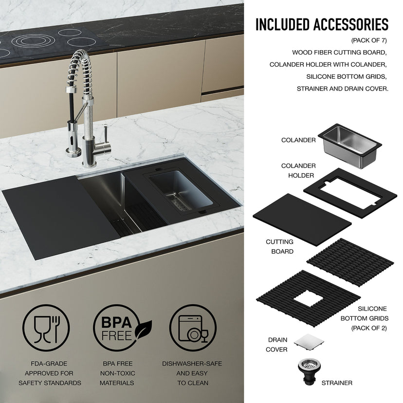 Stainless steel kitchen sink set with black cutting board and colander for modern kitchens
