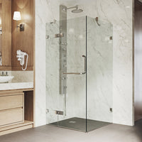 Modern shower door with double hinged design and cool touch exterior
