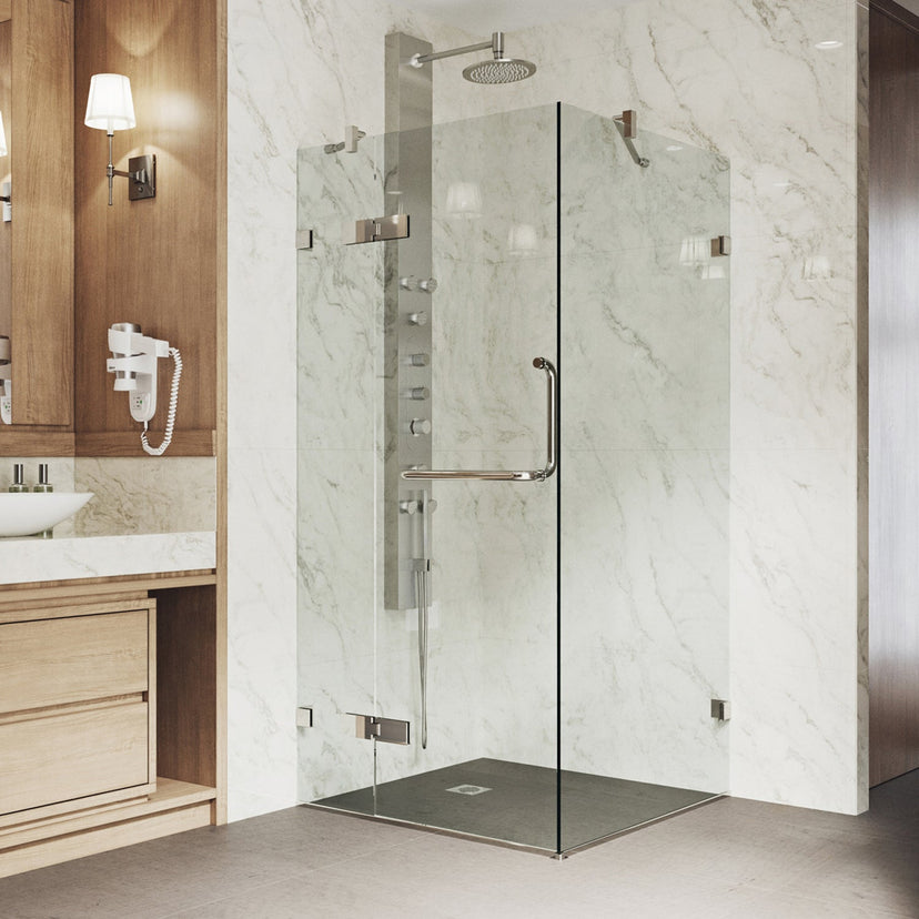 Modern shower door with double hinged design and cool touch exterior