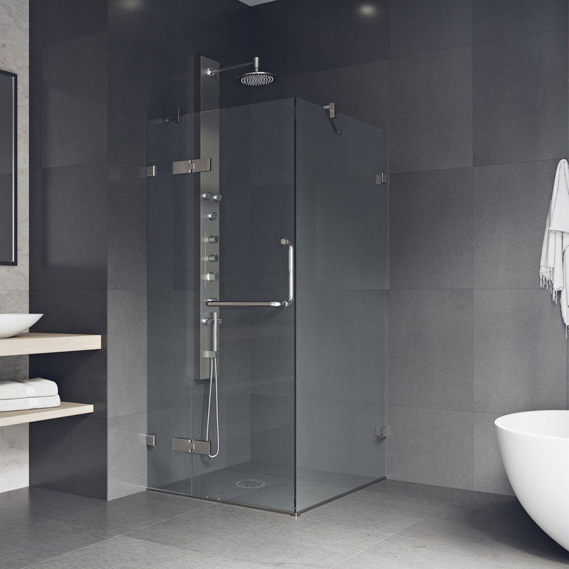 Clear glass shower door with towel bar and brushed nickel finish