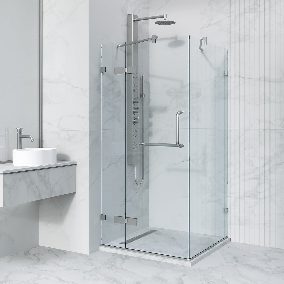 Brushed nickel frameless shower enclosure with tempered clear glass and bar handle