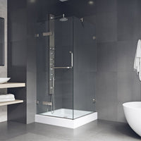 Shower enclosure with double hinged door and reversible installation