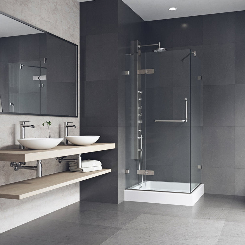 Tempered glass shower door with stainless steel hardware
