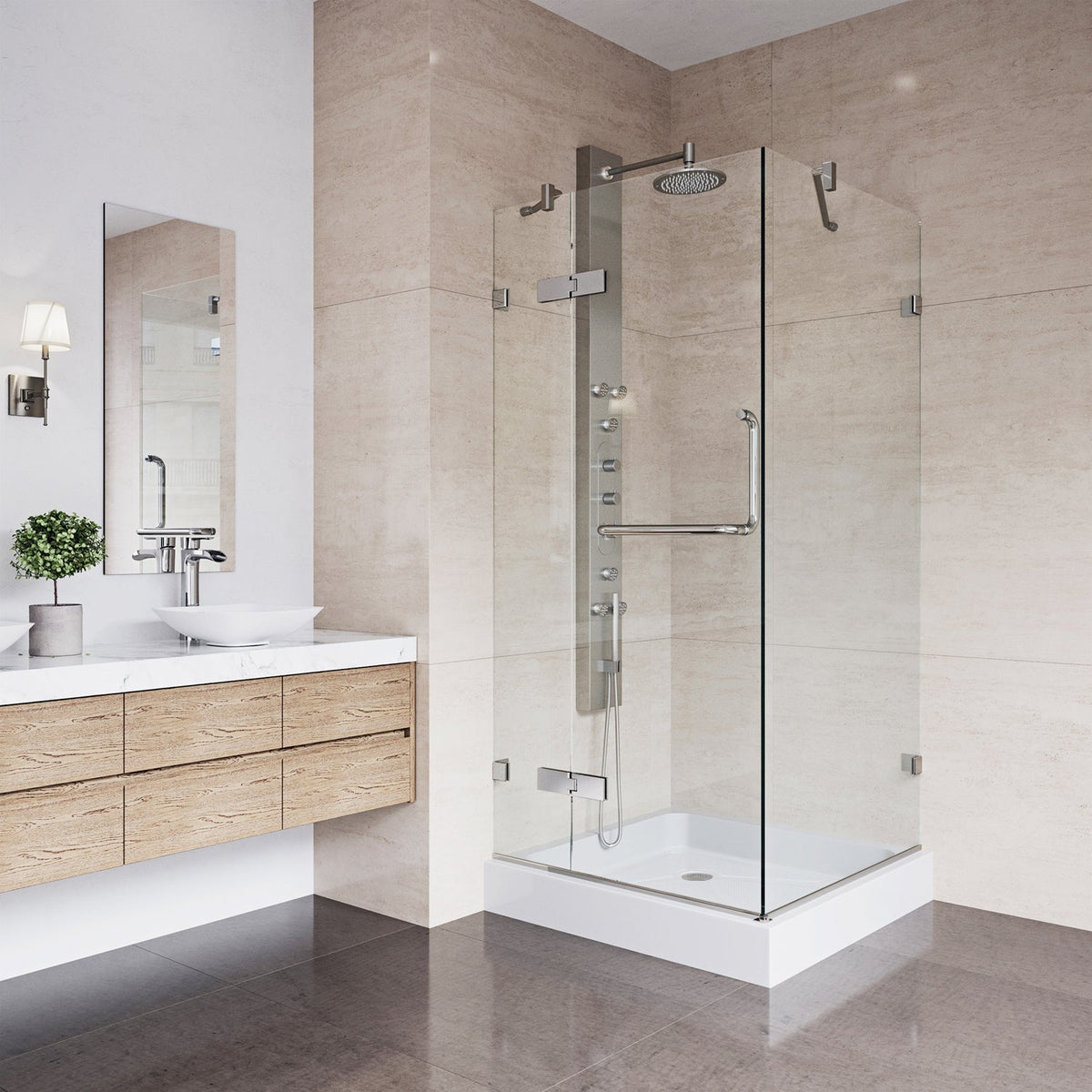 Frameless shower with included base and slip-resistant flooring