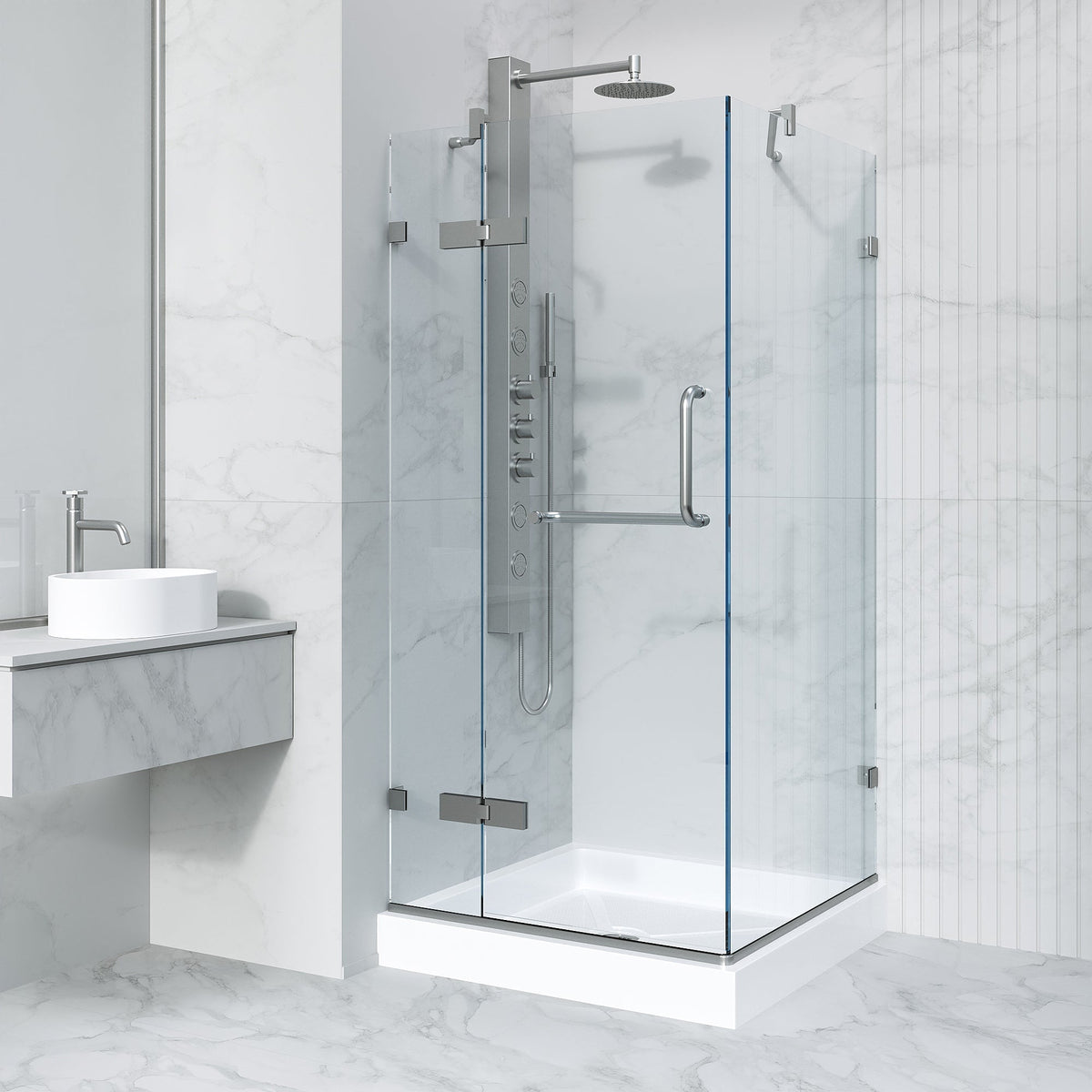 Brushed nickel shower enclosure with base and slip-resistant floor