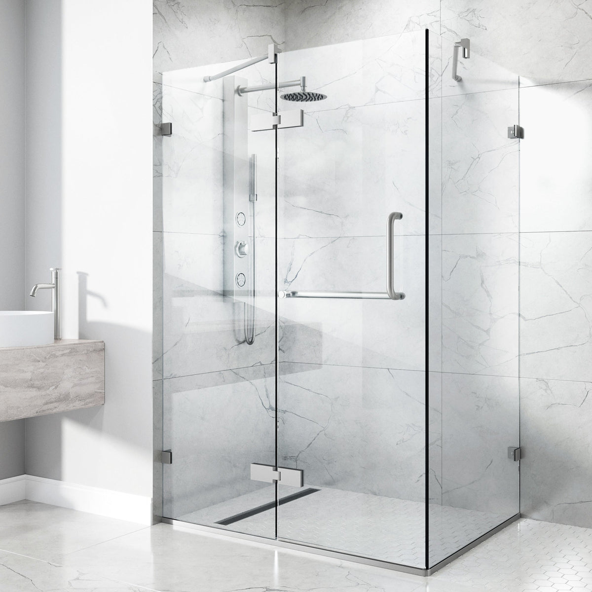 73-inch tall shower enclosure with towel bar and cool touch exterior