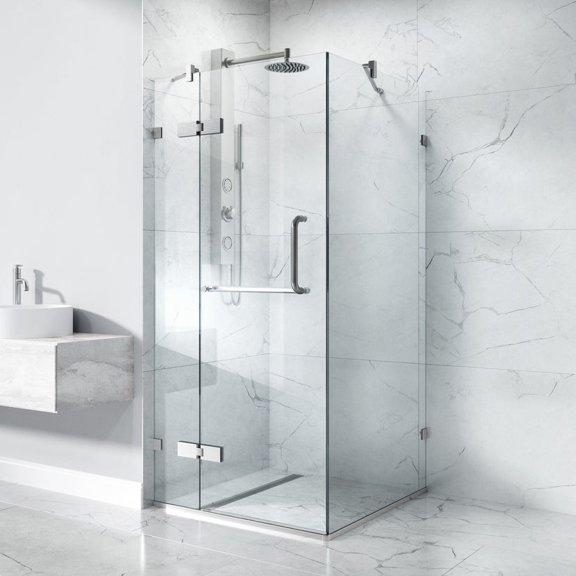 Frameless shower door with towel bar and cool touch exterior