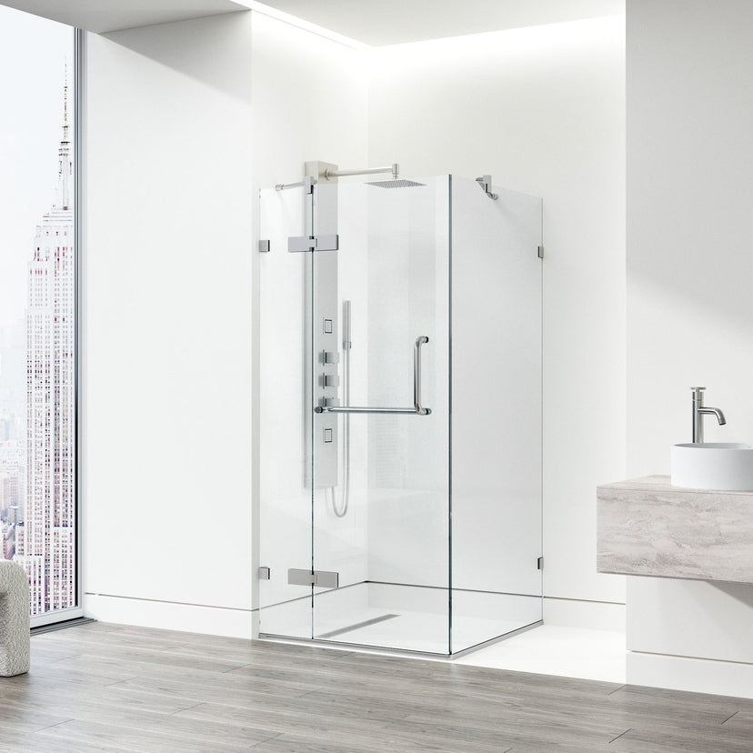 Brushed nickel shower enclosure with towel bar feature