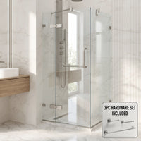 Monteray 34 in. L x 34 in. W x 73 in. H Frameless Hinged Square Shower Enclosure and Satro 3-Piece Bath Hardware Set in Brushed Nickel