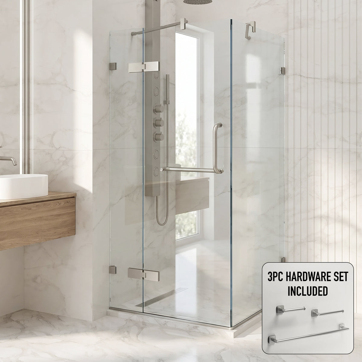 Monteray 34 in. L x 34 in. W x 73 in. H Frameless Hinged Square Shower Enclosure and Satro 3-Piece Bath Hardware Set in Brushed Nickel