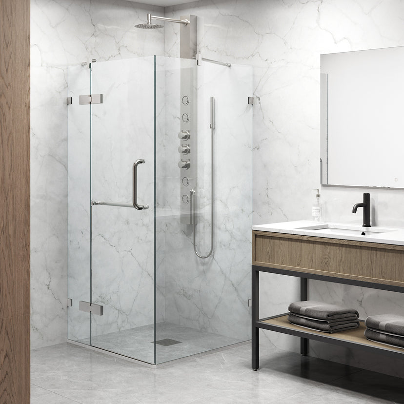 Monteray 34 in. L x 34 in. W x 73 in. H Frameless Hinged Square Shower Enclosure and Satro 3-Piece Bath Hardware Set in Brushed Nickel