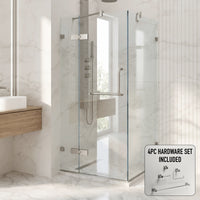 Monteray 34 in. L x 34 in. W x 73 in. H Frameless Hinged Square Shower Enclosure and Meridian 4-Piece Bath Hardware Set in Brushed Nickel