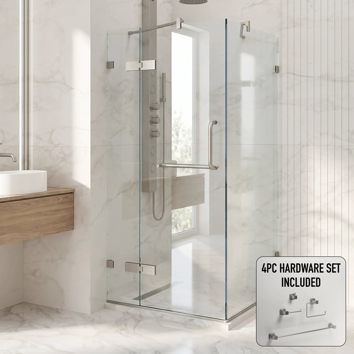 Monteray 34 in. L x 34 in. W x 73 in. H Frameless Hinged Square Shower Enclosure and Meridian 4-Piece Bath Hardware Set in Brushed Nickel