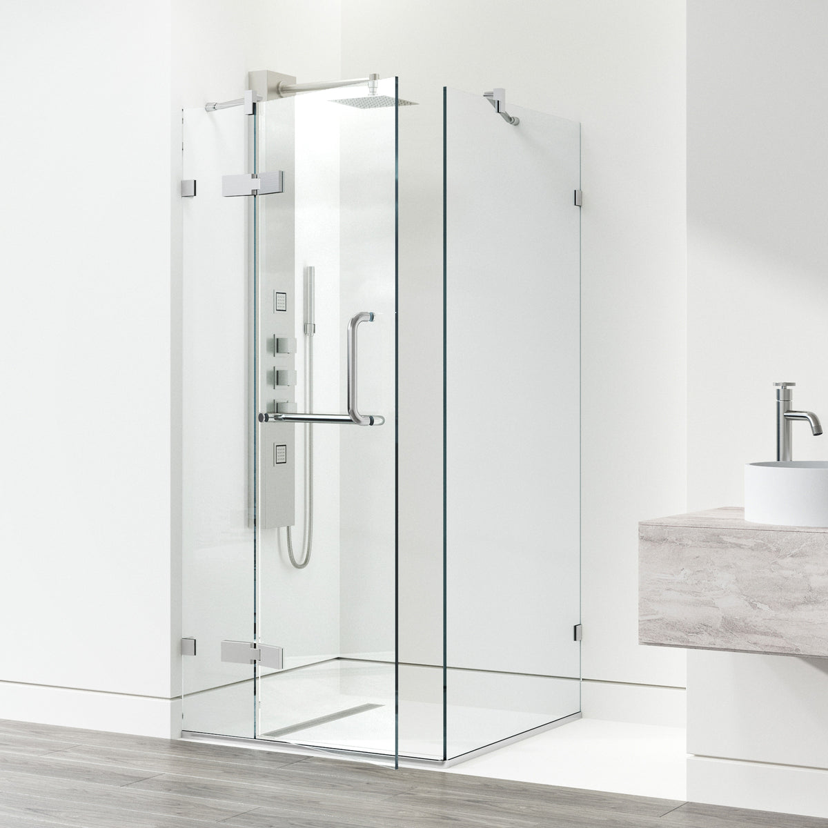 Monteray 34 in. L x 34 in. W x 73 in. H Frameless Hinged Square Shower Enclosure and Meridian 4-Piece Bath Hardware Set in Brushed Nickel