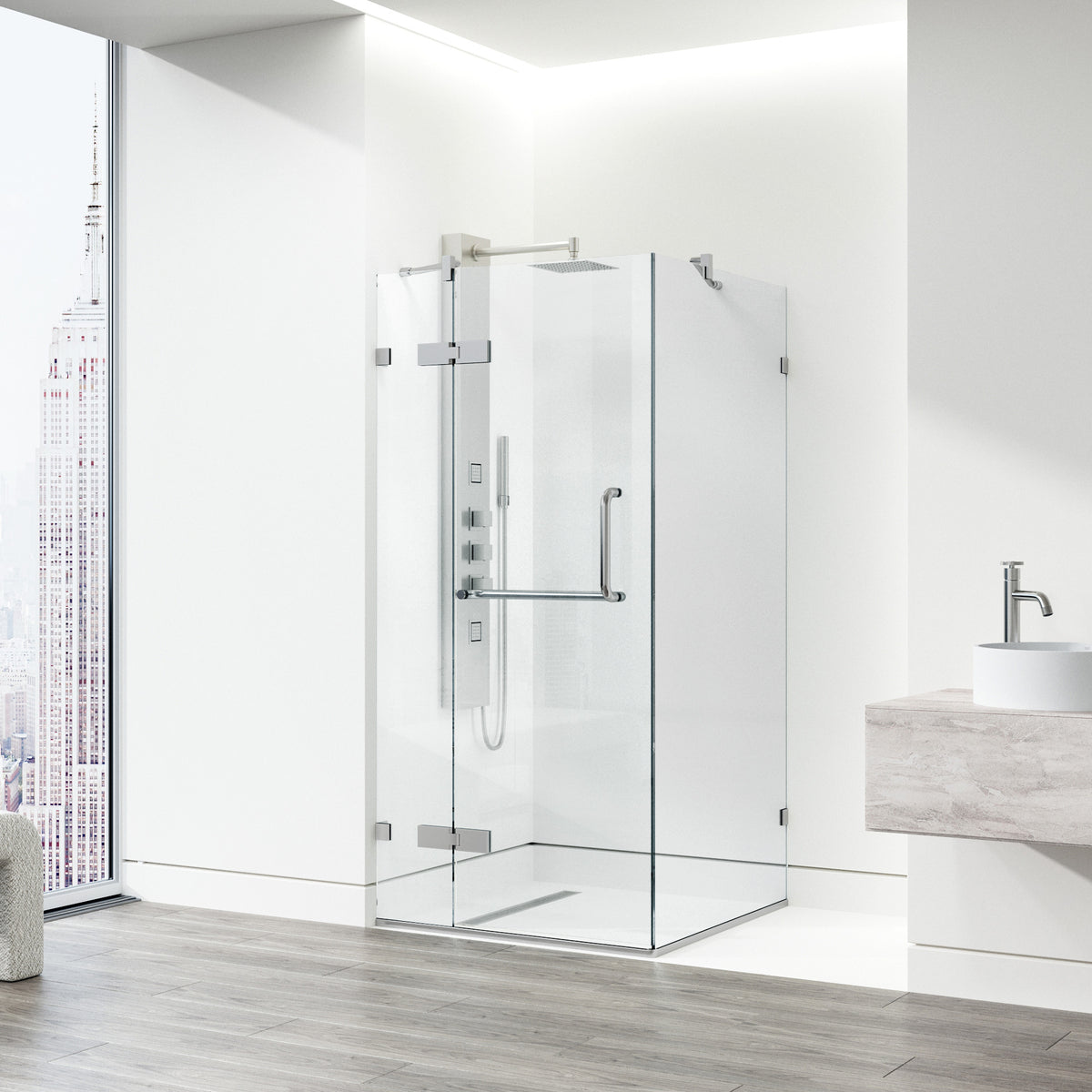 Monteray 34 in. L x 34 in. W x 73 in. H Frameless Hinged Square Shower Enclosure and Meridian 4-Piece Bath Hardware Set in Brushed Nickel