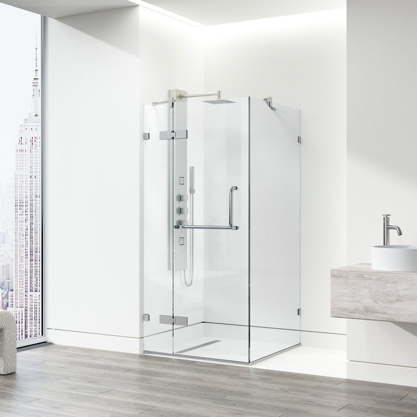Monteray 34 in. L x 34 in. W x 73 in. H Frameless Hinged Square Shower Enclosure and Meridian 4-Piece Bath Hardware Set in Brushed Nickel