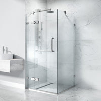 Monteray 34 in. L x 34 in. W x 73 in. H Frameless Hinged Square Shower Enclosure and Meridian 4-Piece Bath Hardware Set in Brushed Nickel