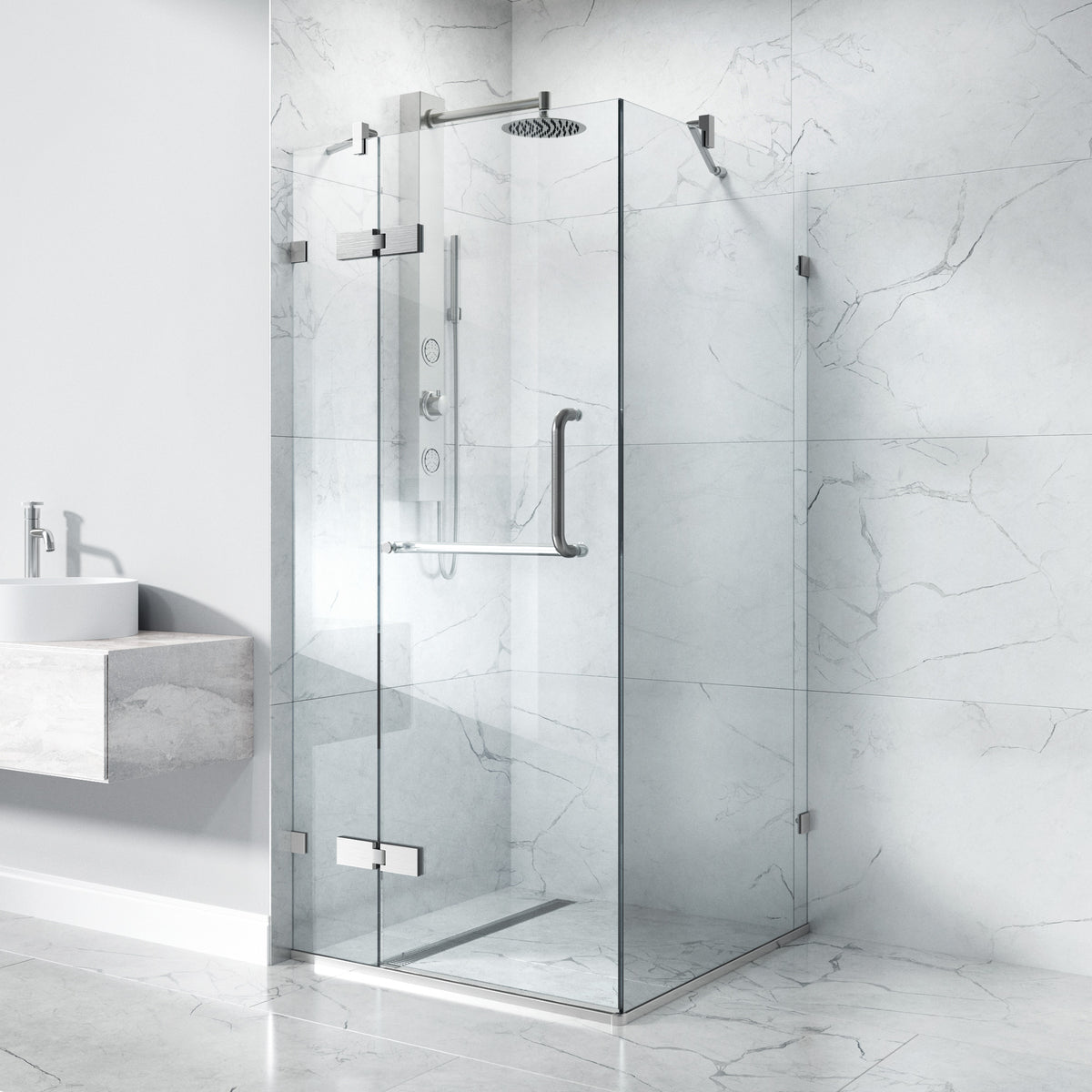 Monteray 34 in. L x 34 in. W x 73 in. H Frameless Hinged Square Shower Enclosure and Meridian 4-Piece Bath Hardware Set in Brushed Nickel