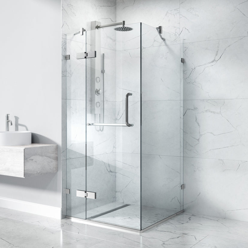 Monteray 34 in. L x 34 in. W x 73 in. H Frameless Hinged Square Shower Enclosure and Meridian 4-Piece Bath Hardware Set in Brushed Nickel