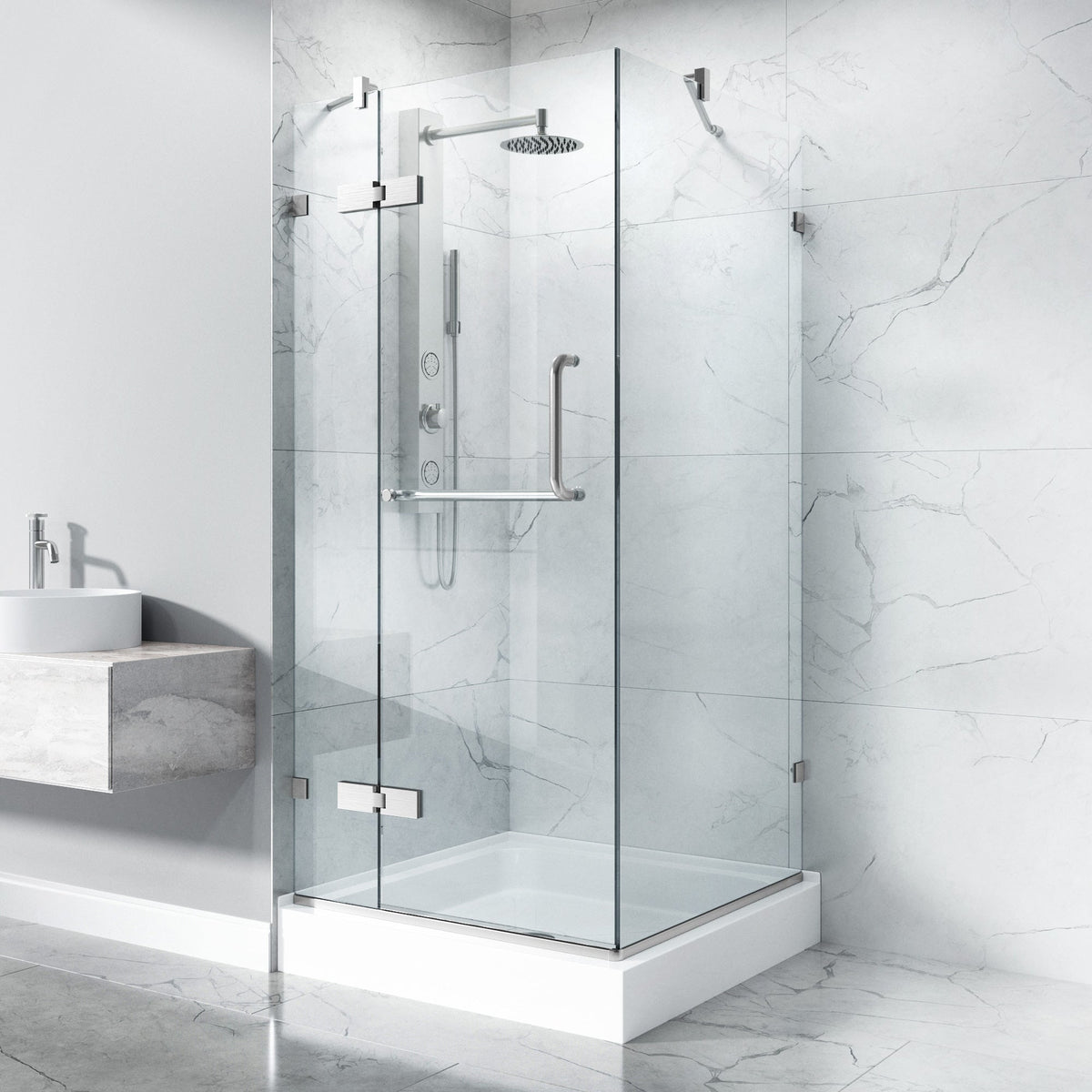 79-inch tall frameless shower door with double hinged design