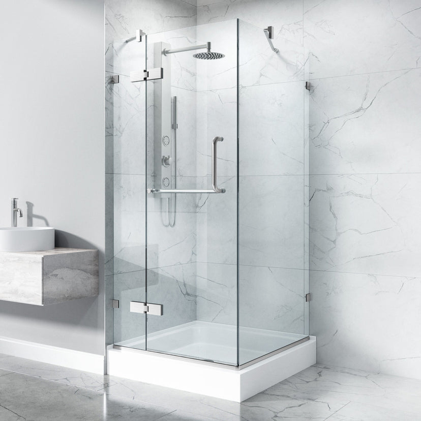 79-inch tall frameless shower door with double hinged design