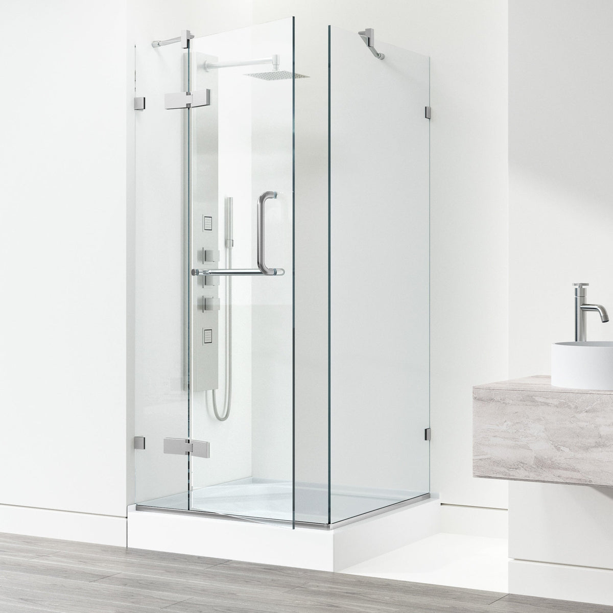 Brushed nickel shower door with bar handle and clear glass