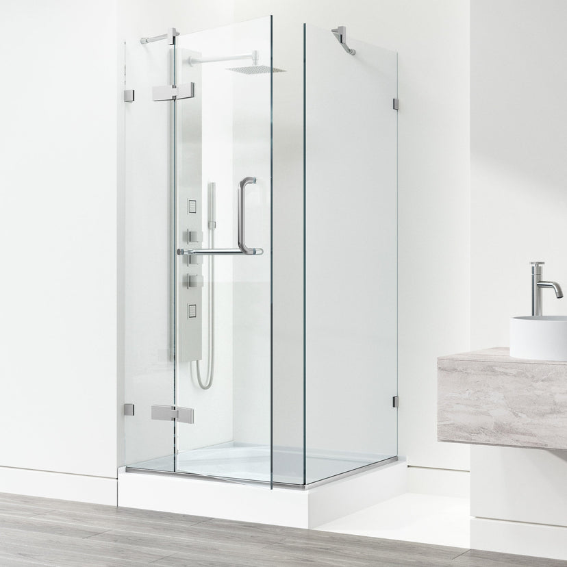Brushed nickel shower door with bar handle and clear glass