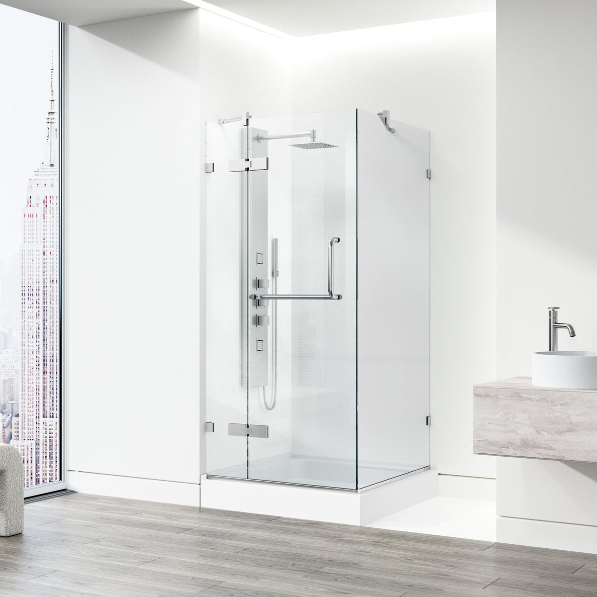 Double hinged shower with included base and mounting hardware