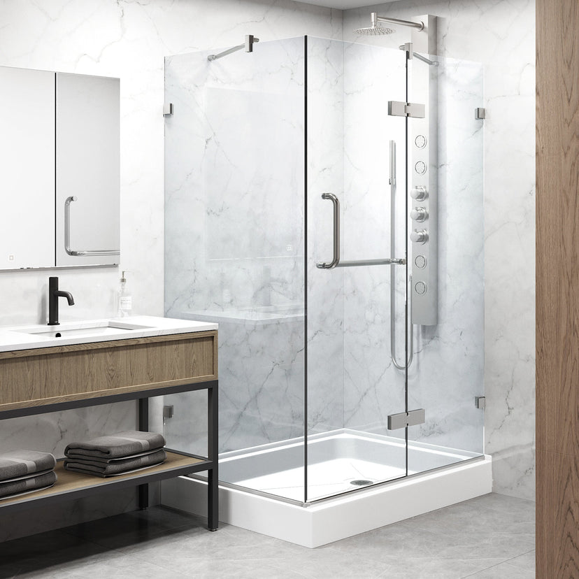 Frameless shower enclosure with included base and mounting hardware