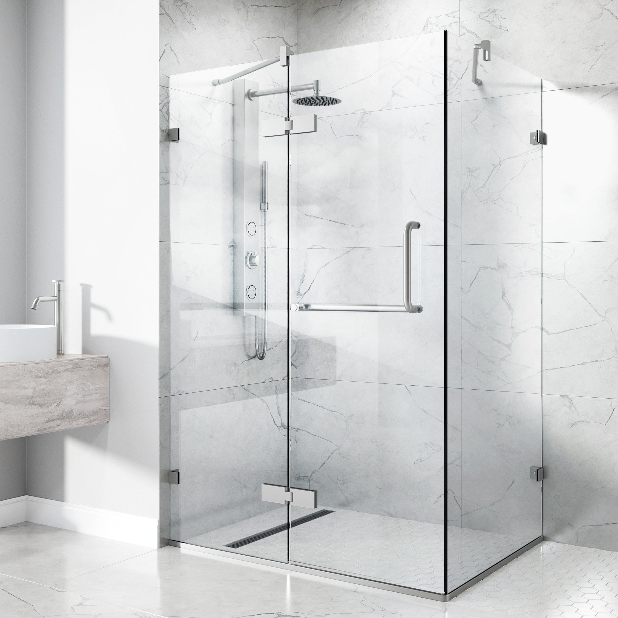 73-inch tall shower enclosure with towel bar and cool touch exterior