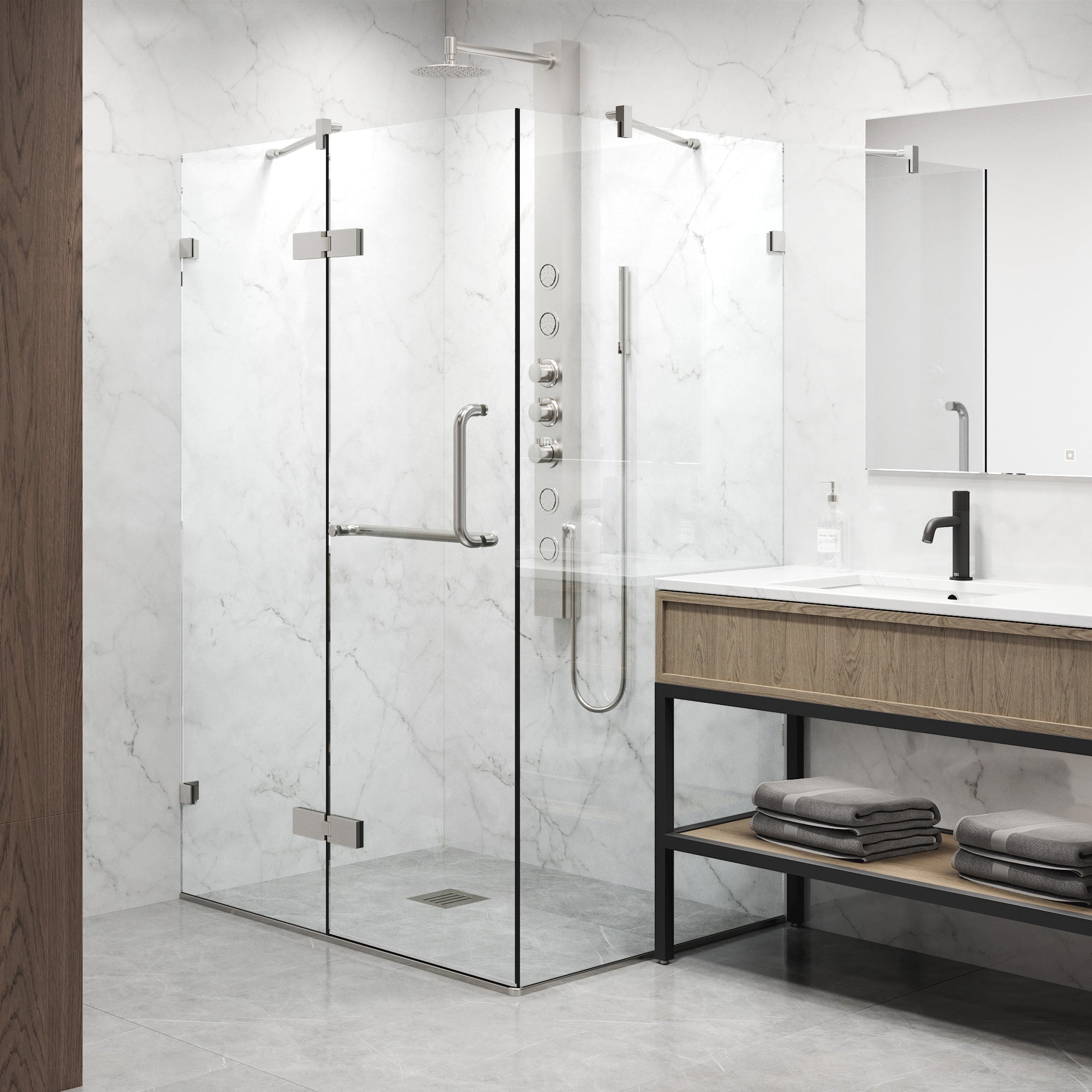 Double hinged shower door with cool touch exterior