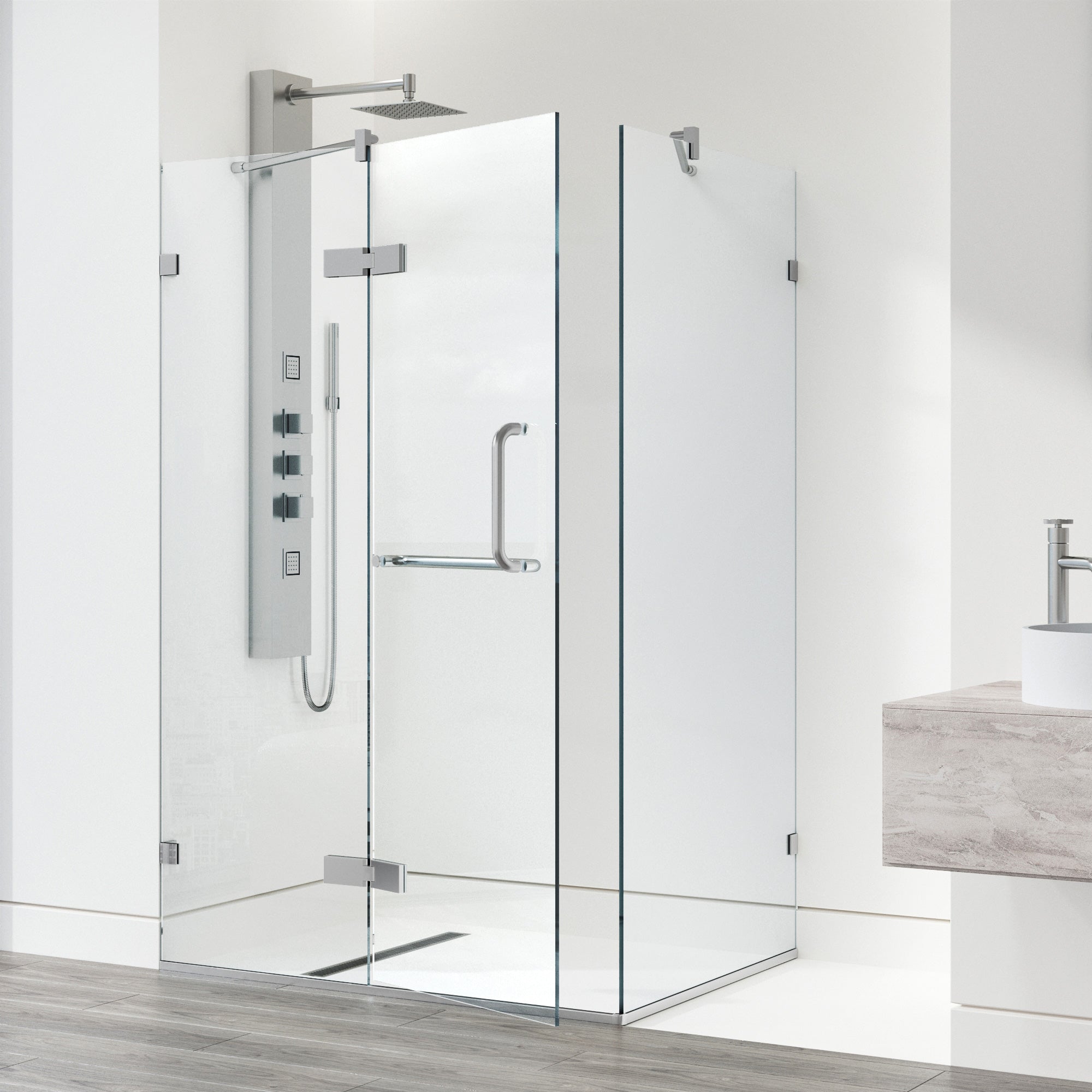 Contemporary shower with reversible door installation