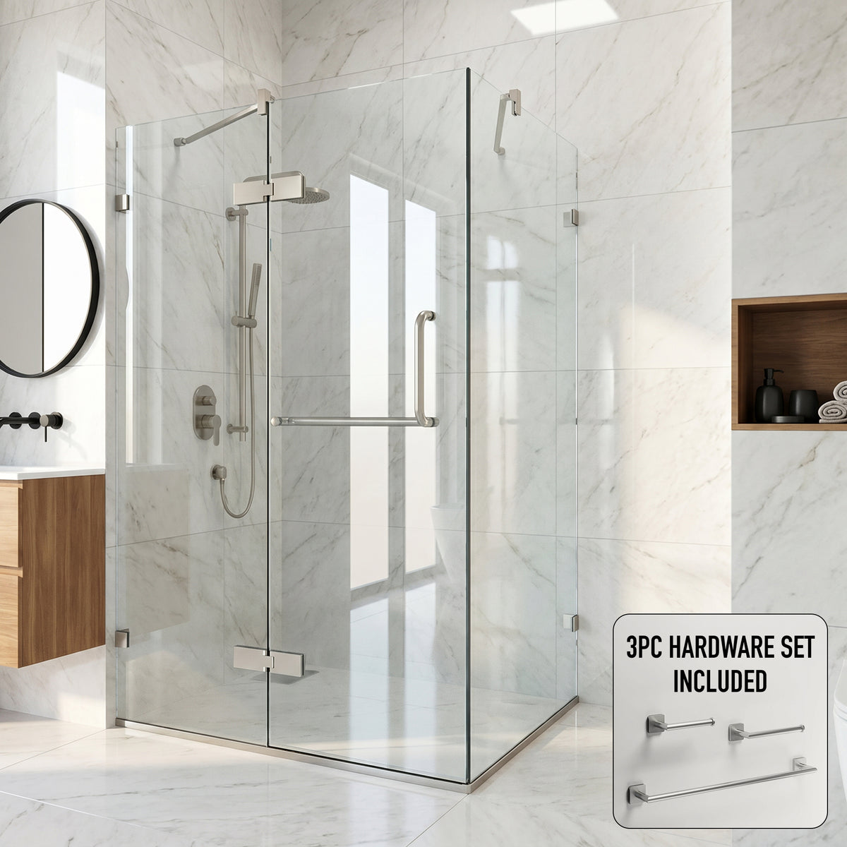 Monteray 30 in. L x 38 in. W x 73 in. H Frameless Hinged Rectangle Shower Enclosure and Satro 3-Piece Bath Hardware Set in Brushed Nickel