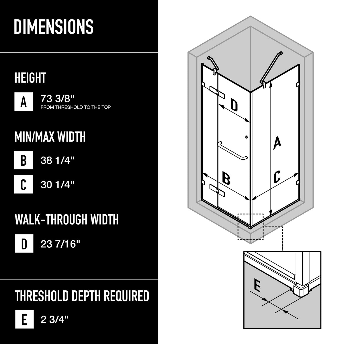 Monteray 30 in. L x 38 in. W x 73 in. H Frameless Hinged Rectangle Shower Enclosure and Satro 3-Piece Bath Hardware Set in Brushed Nickel